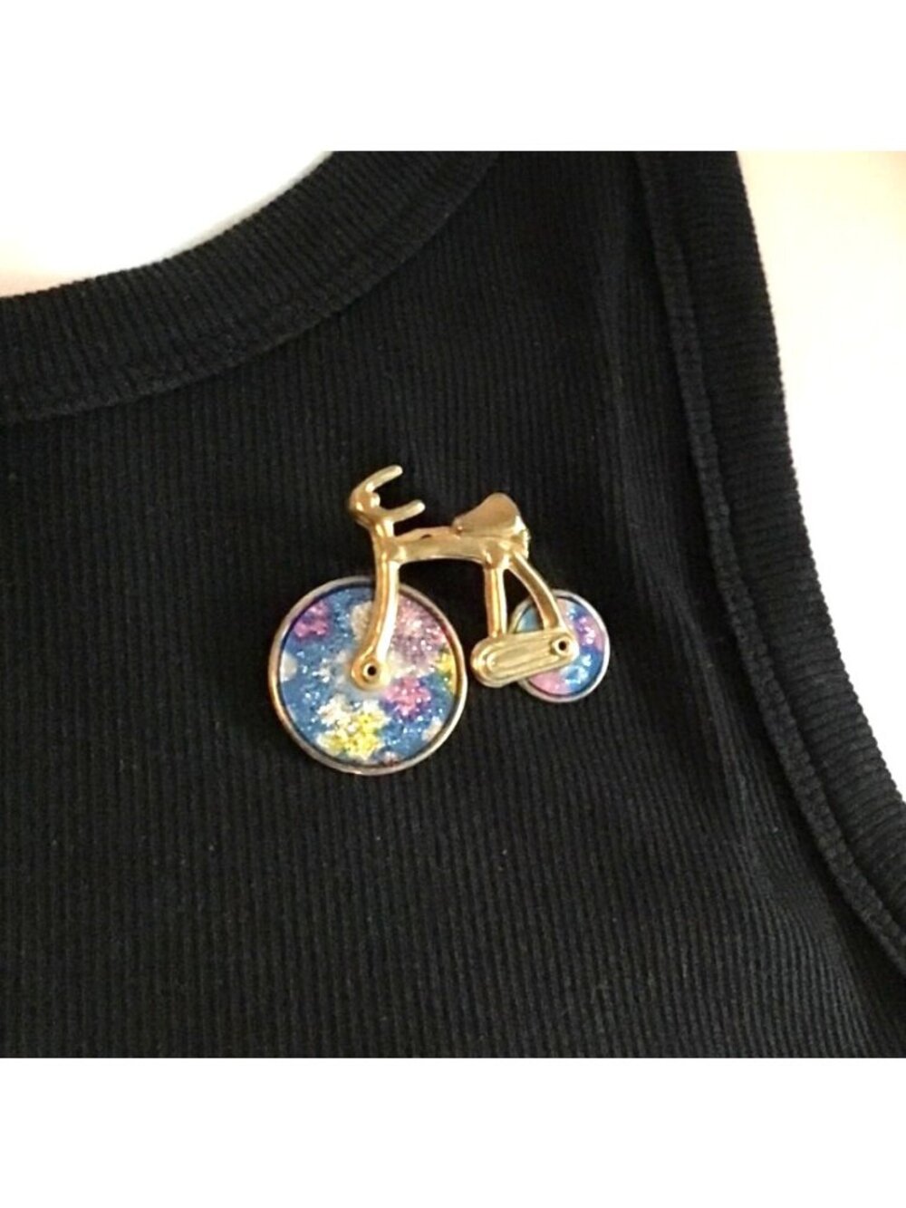 Gold Tone Bicycle Brooch With Glitter Accents